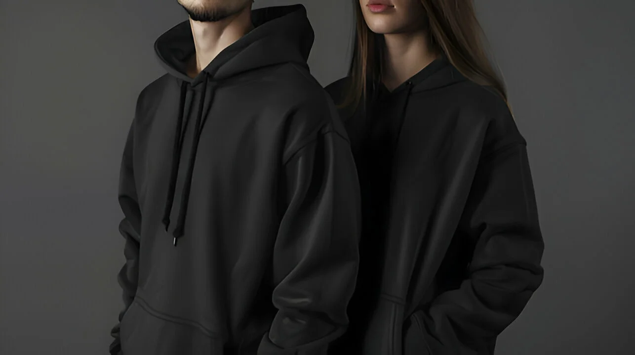 Woman and man wear black hoodies